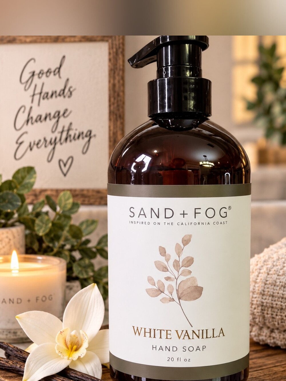 Sand + Fog White Vanilla Hand Soap 20 oz Amber Pump Bottle